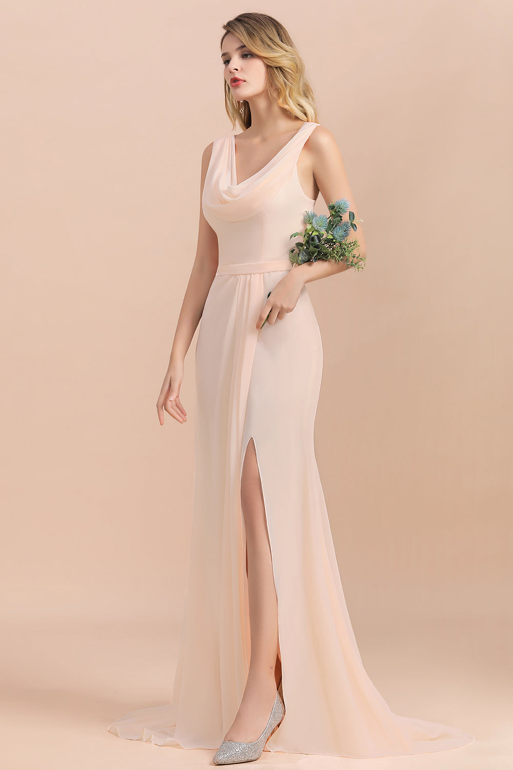 Gorgeous Drapped Neckline Ruffle Chiffon Bridesmaid Dresses Online with Slit