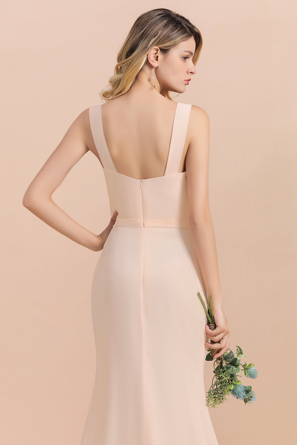 Gorgeous Drapped Neckline Ruffle Chiffon Bridesmaid Dresses Online with Slit