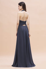 Gorgeous Halter Chiffon Ruffles Bridesmaid Dress with Front Slit Online