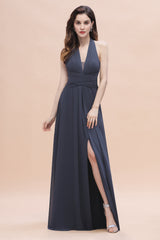 Gorgeous Halter Chiffon Ruffles Bridesmaid Dress with Front Slit Online