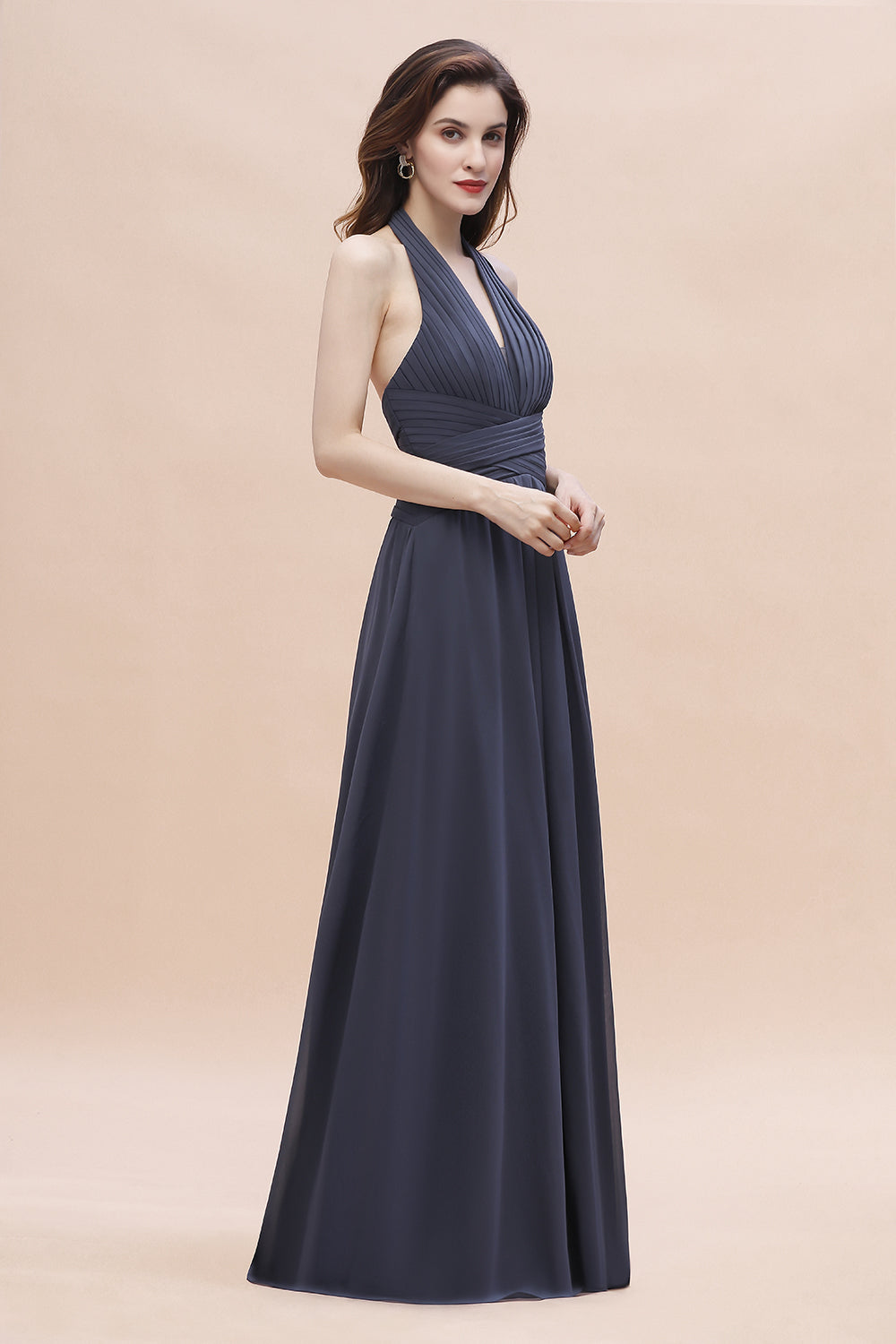 Gorgeous Halter Chiffon Ruffles Bridesmaid Dress with Front Slit Online