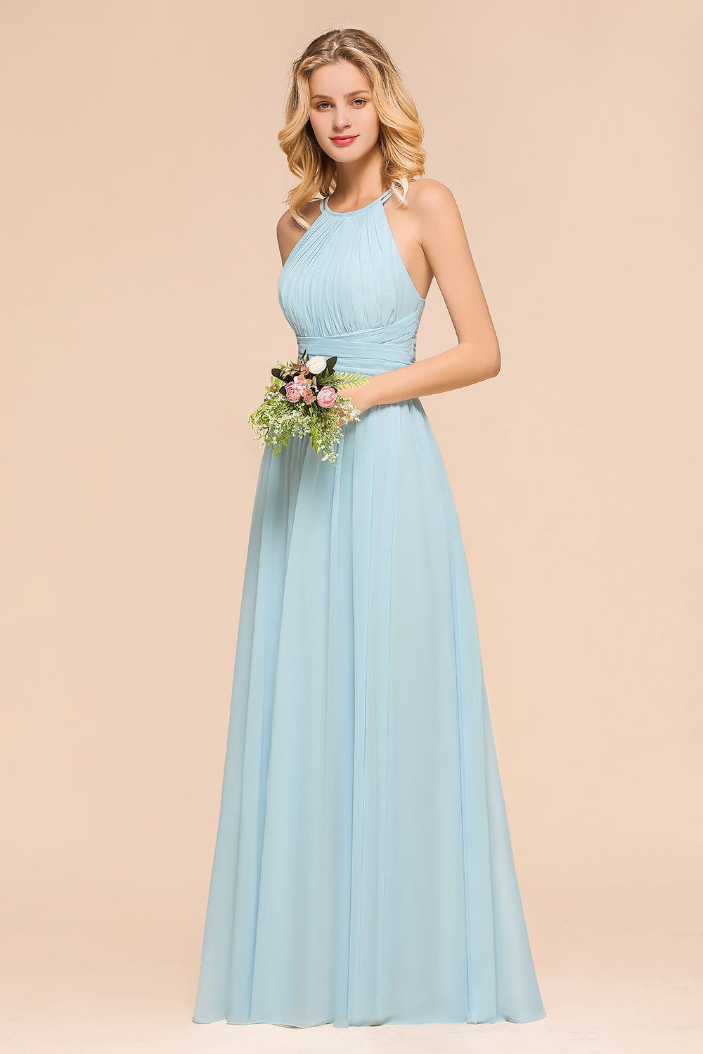 Gorgeous Halter Ruffle Sky Blue Affordable Bridesmaid Dress
