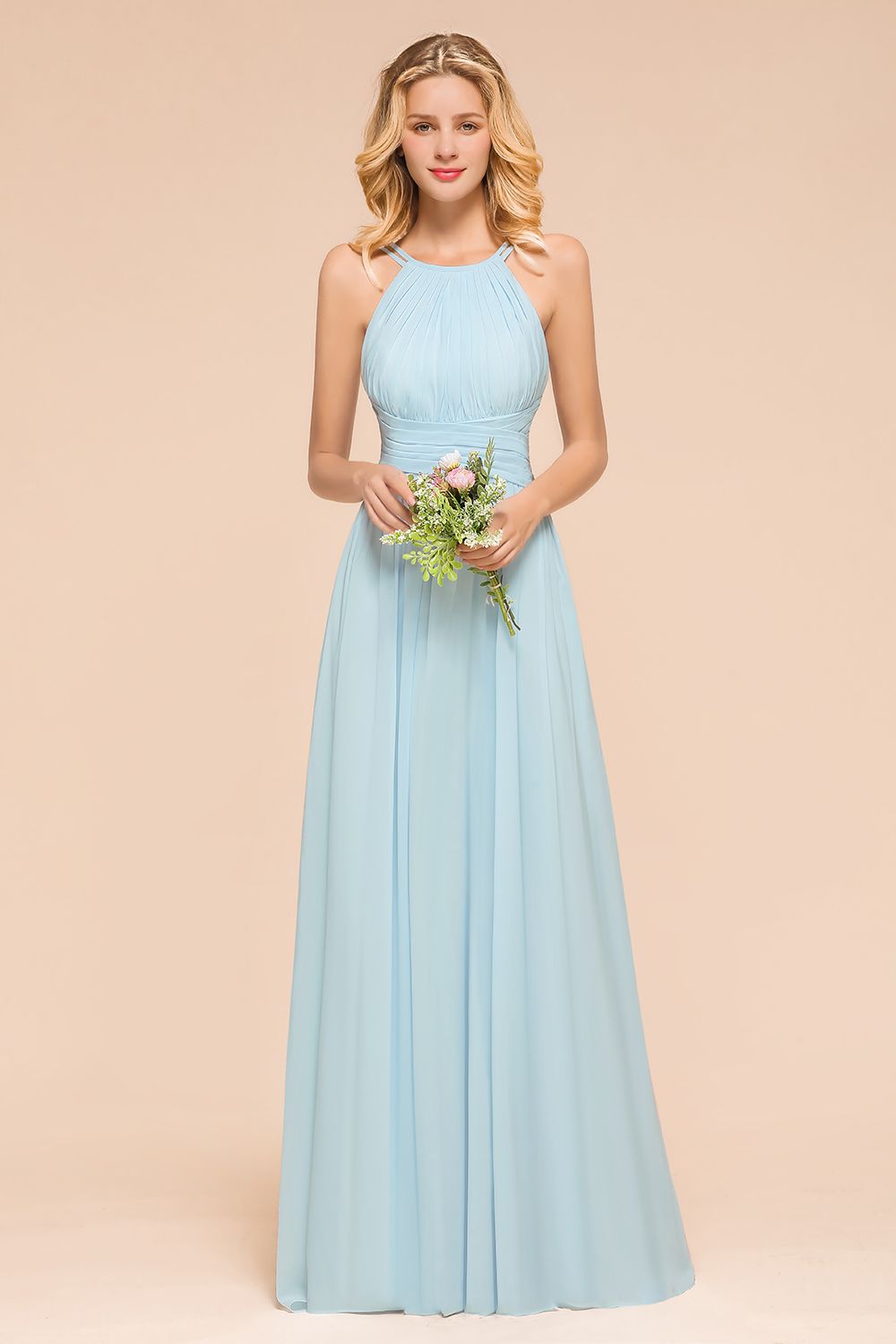 Gorgeous Halter Ruffle Sky Blue Affordable Bridesmaid Dress