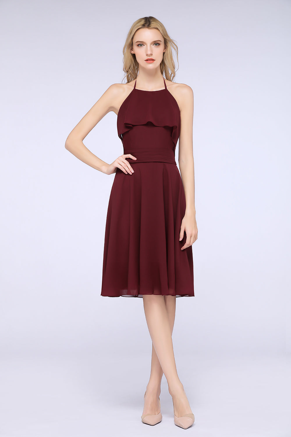 Gorgeous Halter Sleeveless Chiffon Short Bridesmaid Dress with Ruffle