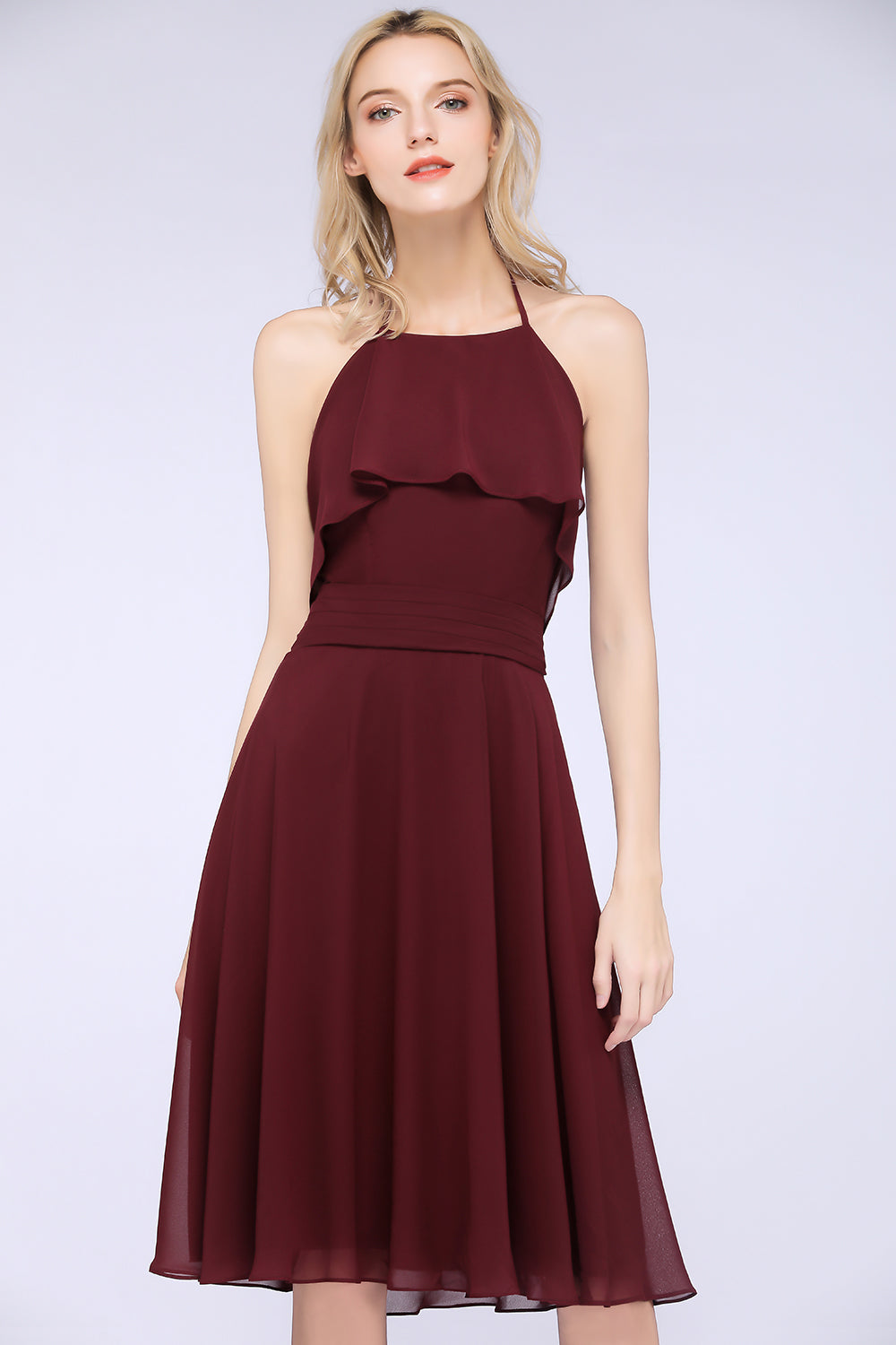 Gorgeous Halter Sleeveless Chiffon Short Bridesmaid Dress with Ruffle