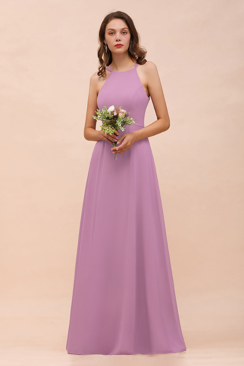 Gorgeous Halter Wisteria Chiffon Bridesmaid Dresses with Draped Back