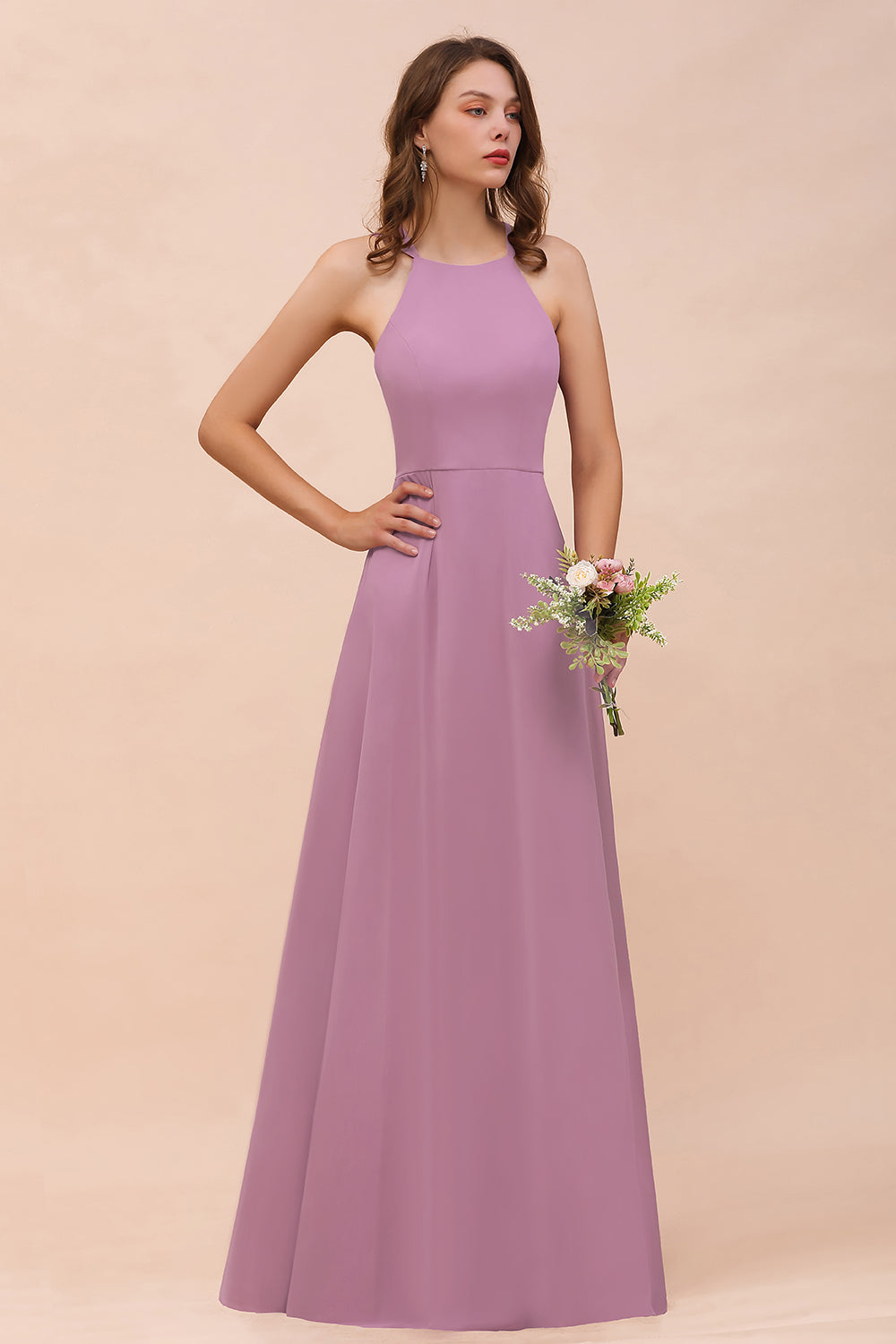 Gorgeous Halter Wisteria Chiffon Bridesmaid Dresses with Draped Back