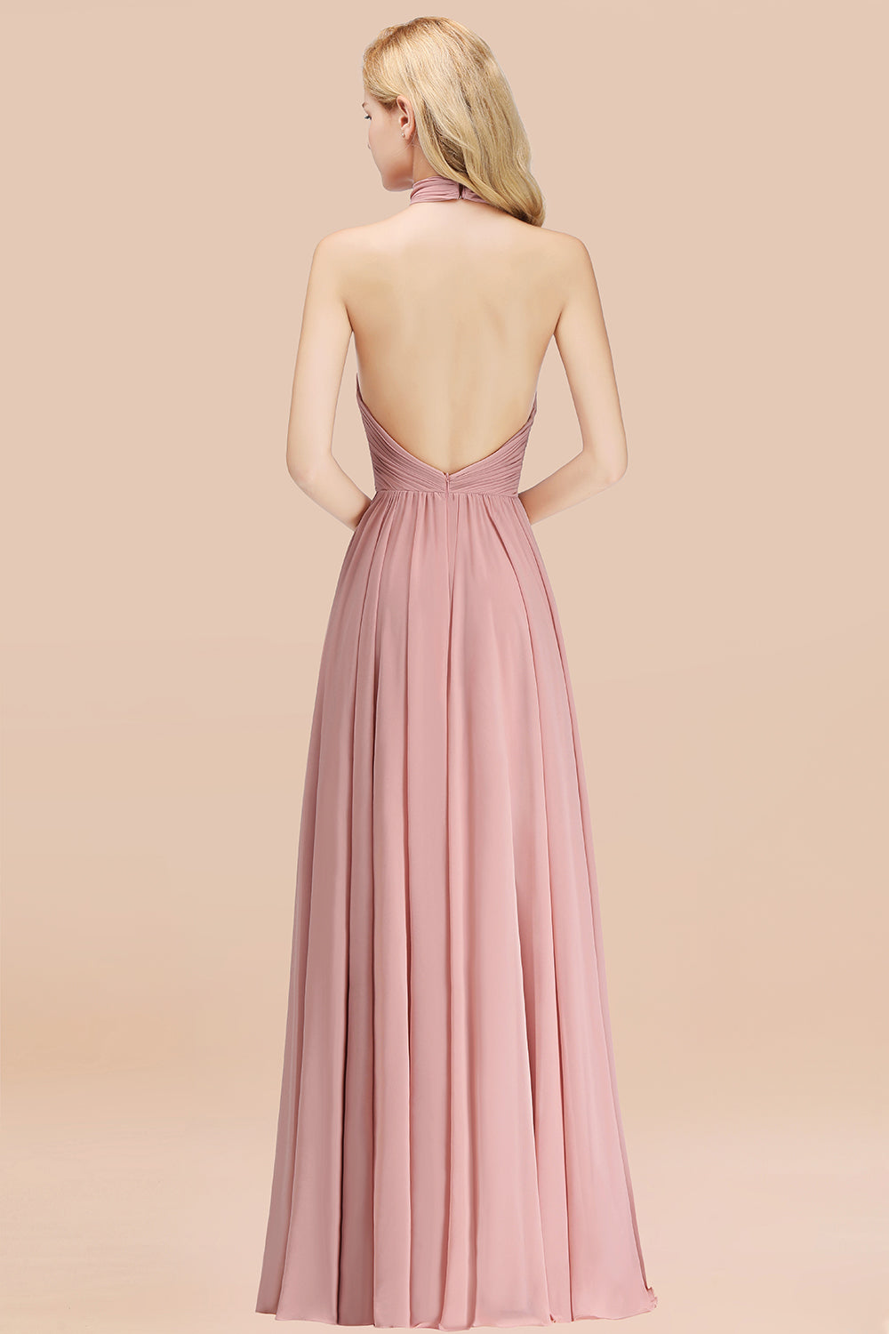 Gorgeous High-Neck Halter Backless Bridesmaid Dress Dusty Rose Chiffon Maid of Honor Dress