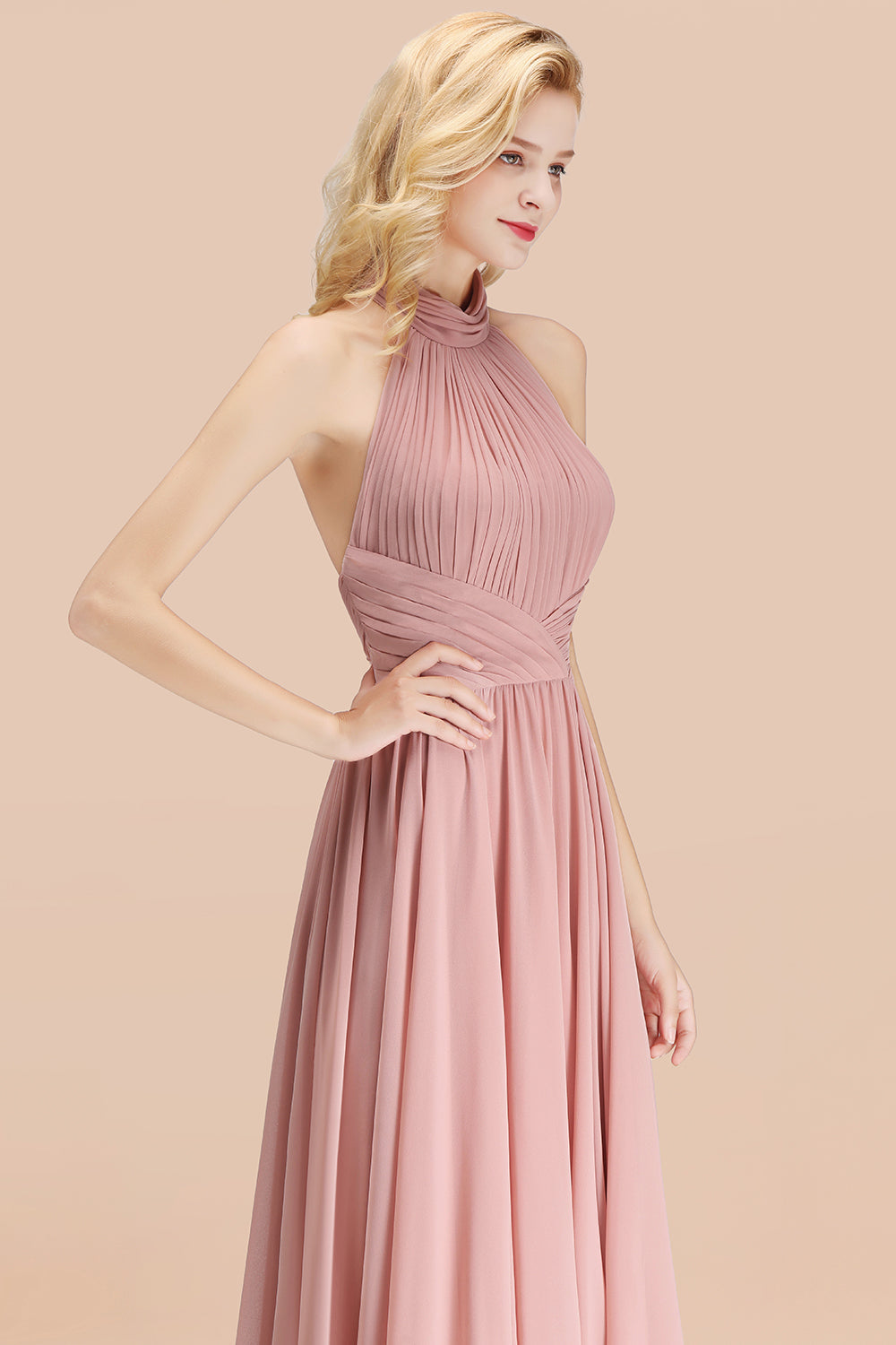 Gorgeous High-Neck Halter Backless Bridesmaid Dress Dusty Rose Chiffon Maid of Honor Dress