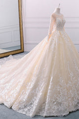Gorgeous Jewel Champagne Tulle Lace Wedding Dress Long Sleeves Appliques Bridal Gowns Online