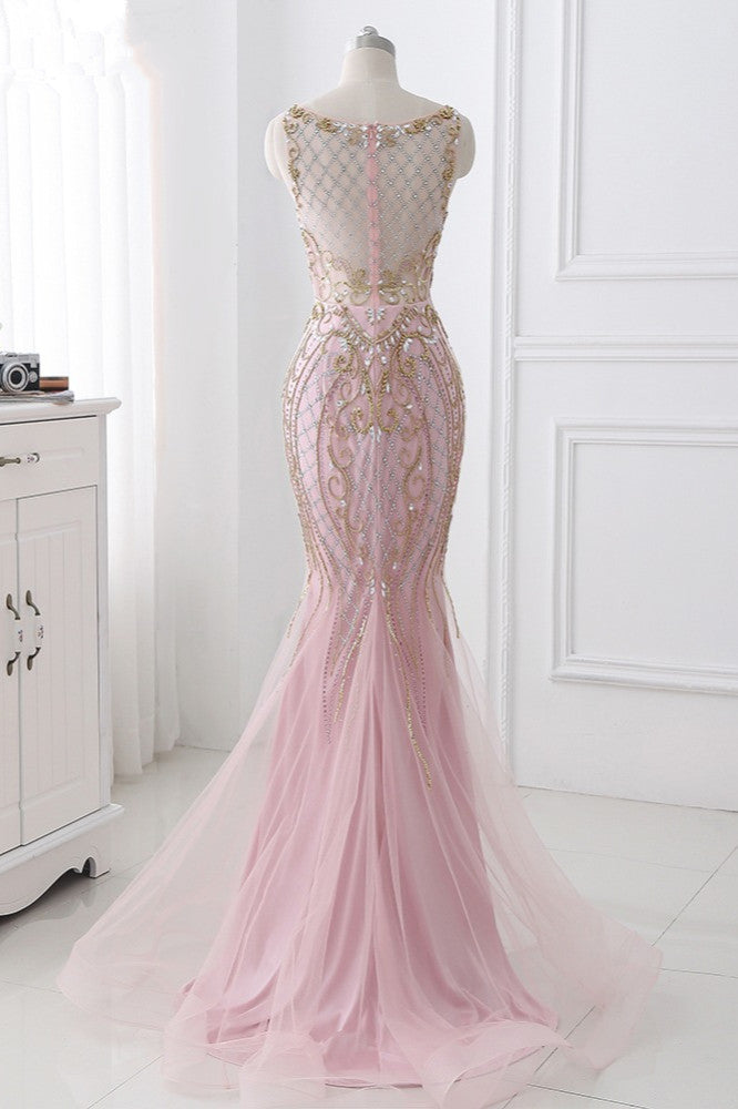 Gorgeous Jewel Pink Tulle Prom Dresses Mermaid Rhinestones Appliques Formal Dresses On Sale