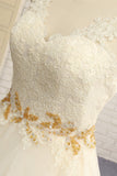 Gorgeous Jewel Sleeveless A-Line Tulle Wedding Dress Lace Appliques Bridal Gowns with Beadings