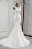 Gorgeous Jewel Sleeveless White Lace Mermaid Wedding Dresses with Appliques