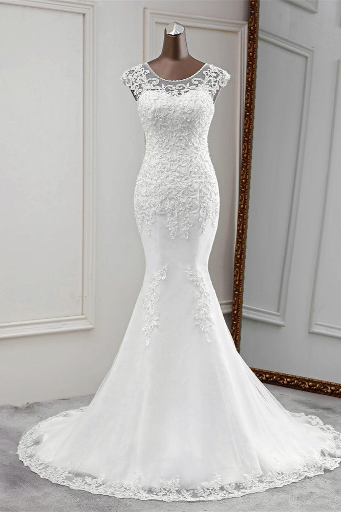 Gorgeous Jewel Sleeveless White Lace Mermaid Wedding Dresses with Appliques