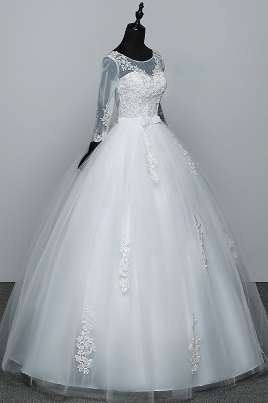 Gorgeous Jewel Tulle Lace White Wedding Dresses 3/4 Sleeves Appliques Bridal Gowns On Sale