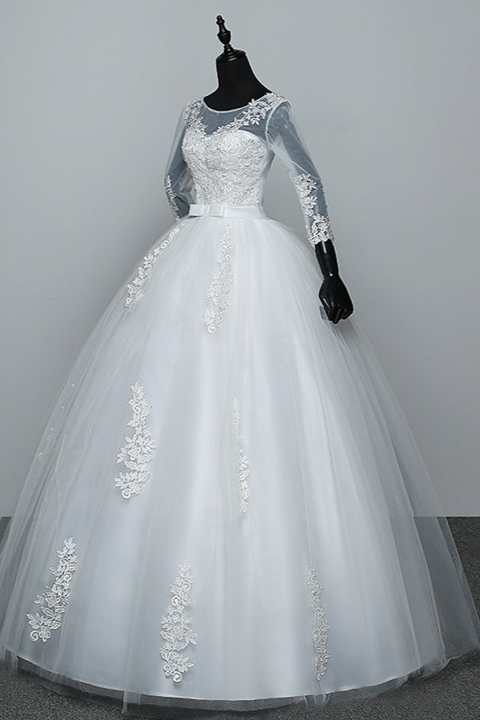 Gorgeous Jewel Tulle Lace White Wedding Dresses 3/4 Sleeves Appliques Bridal Gowns On Sale