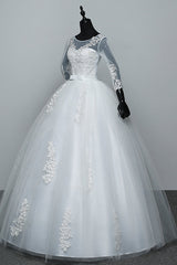 Gorgeous Jewel Tulle Lace White Wedding Dresses 3/4 Sleeves Appliques Bridal Gowns On Sale