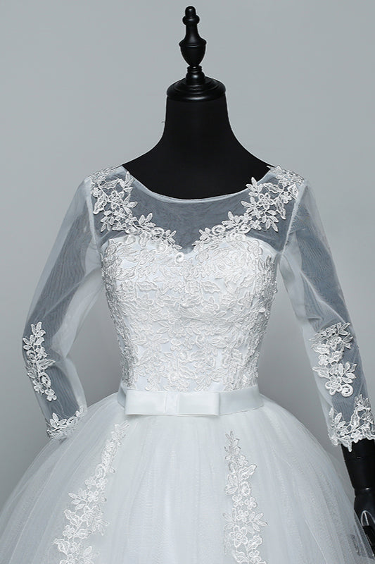 Gorgeous Jewel Tulle Lace White Wedding Dresses 3/4 Sleeves Appliques Bridal Gowns On Sale