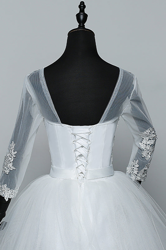 Gorgeous Jewel Tulle Lace White Wedding Dresses 3/4 Sleeves Appliques Bridal Gowns On Sale