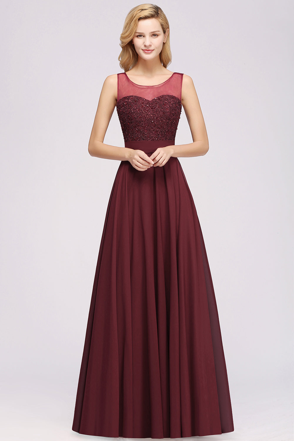 Gorgeous Lace Jewel Affordable Pink Bridesmaid Dress with Beadings
