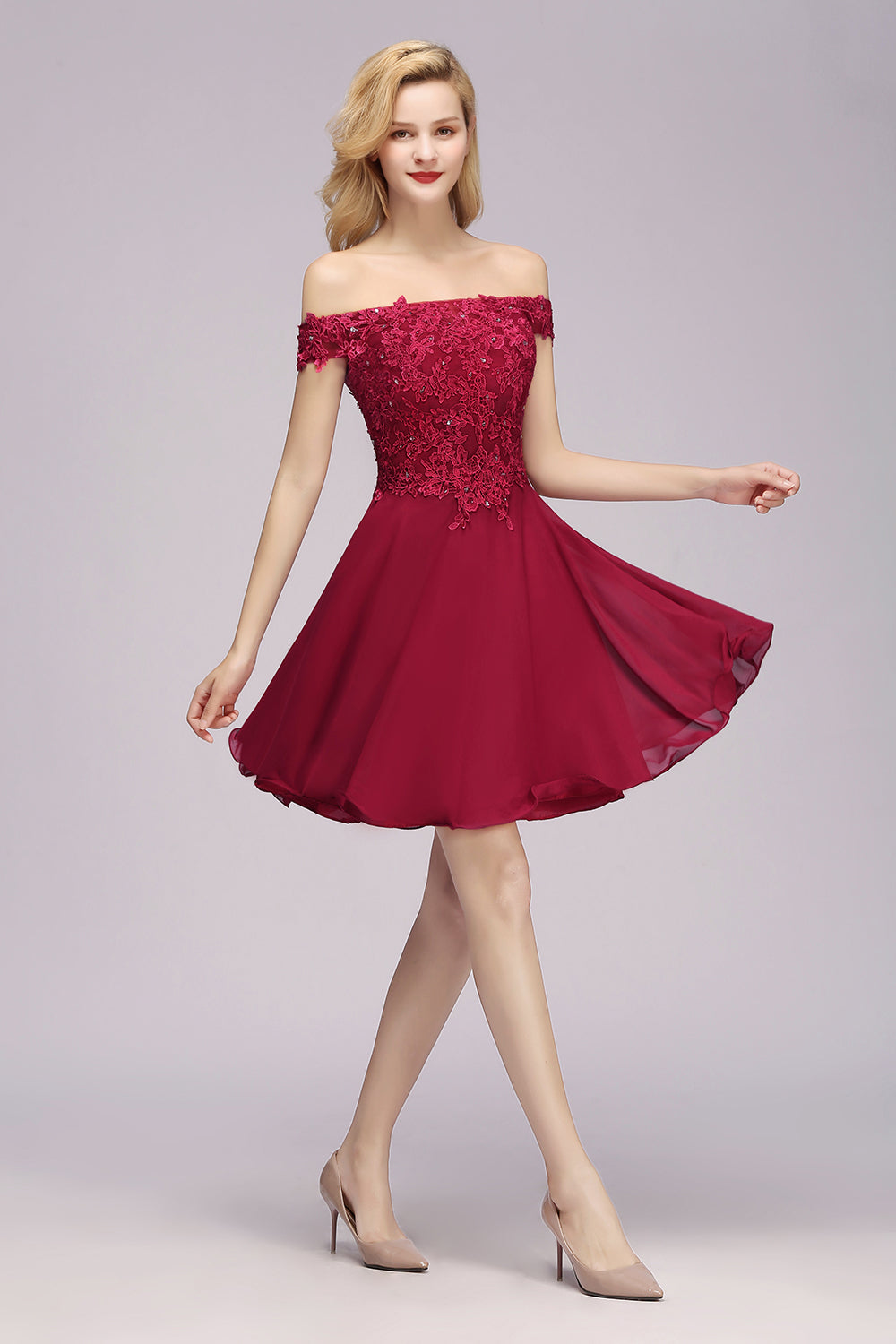 Gorgeous Lace Off-the-shoulder Short Burgundy Bridesmaid Dresses Online