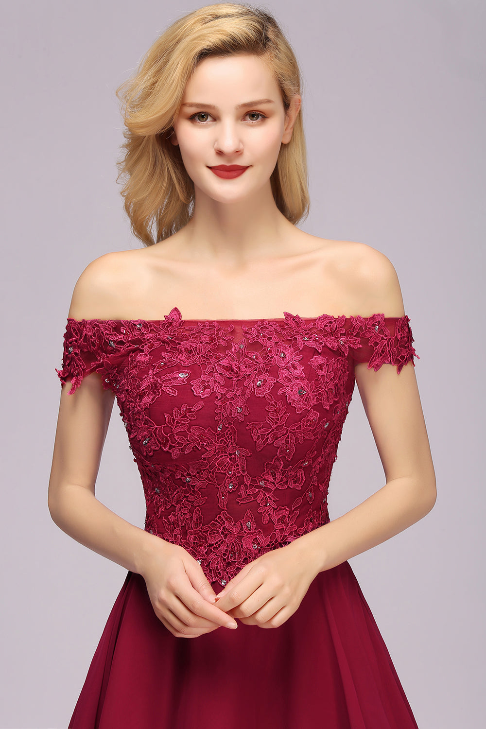 Gorgeous Lace Off-the-shoulder Short Burgundy Bridesmaid Dresses Online