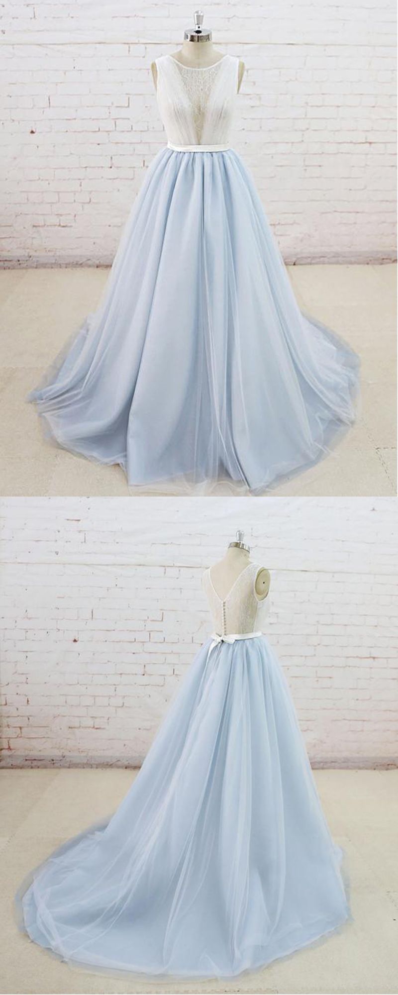 Gorgeous Light Blue Tulle Lace Wedding Dress Sheer Back Summer Bridal Gowns On Sale