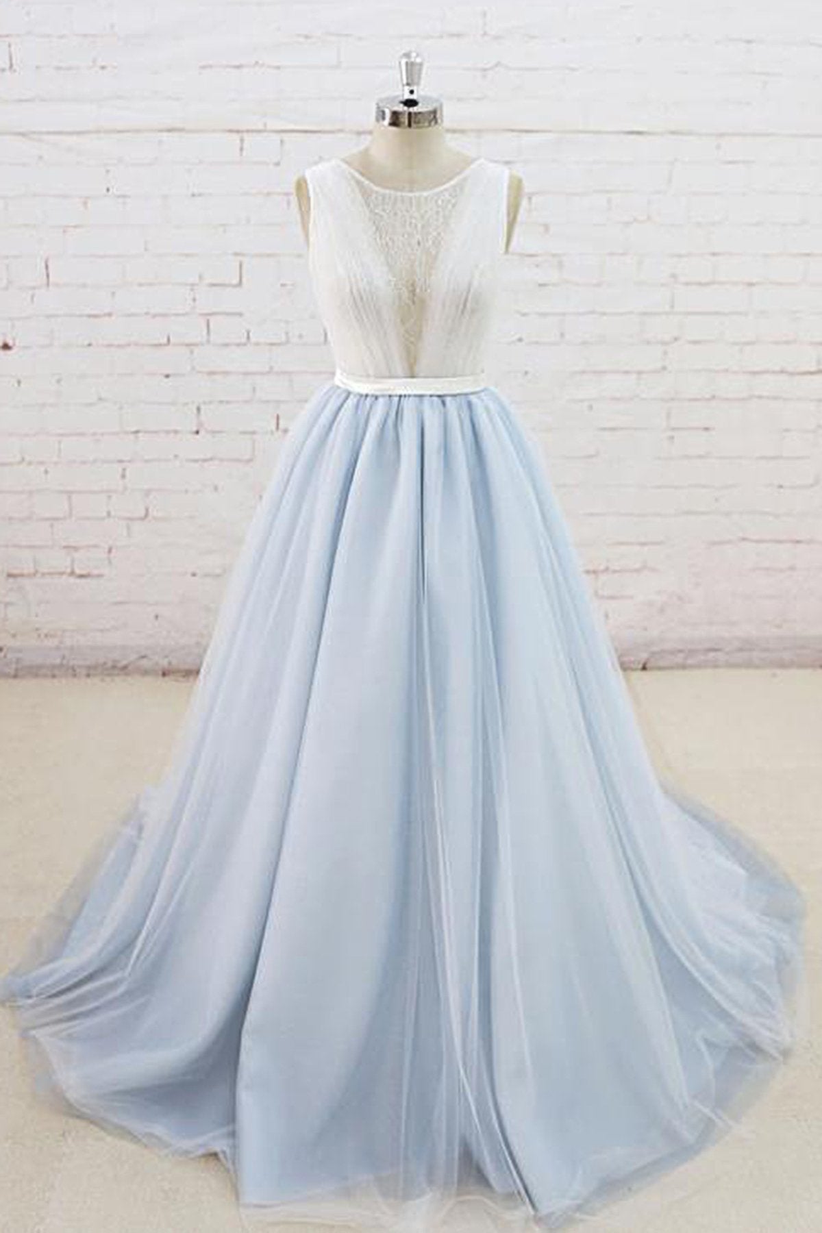 Gorgeous Light Blue Tulle Lace Wedding Dress Sheer Back Summer Bridal Gowns On Sale