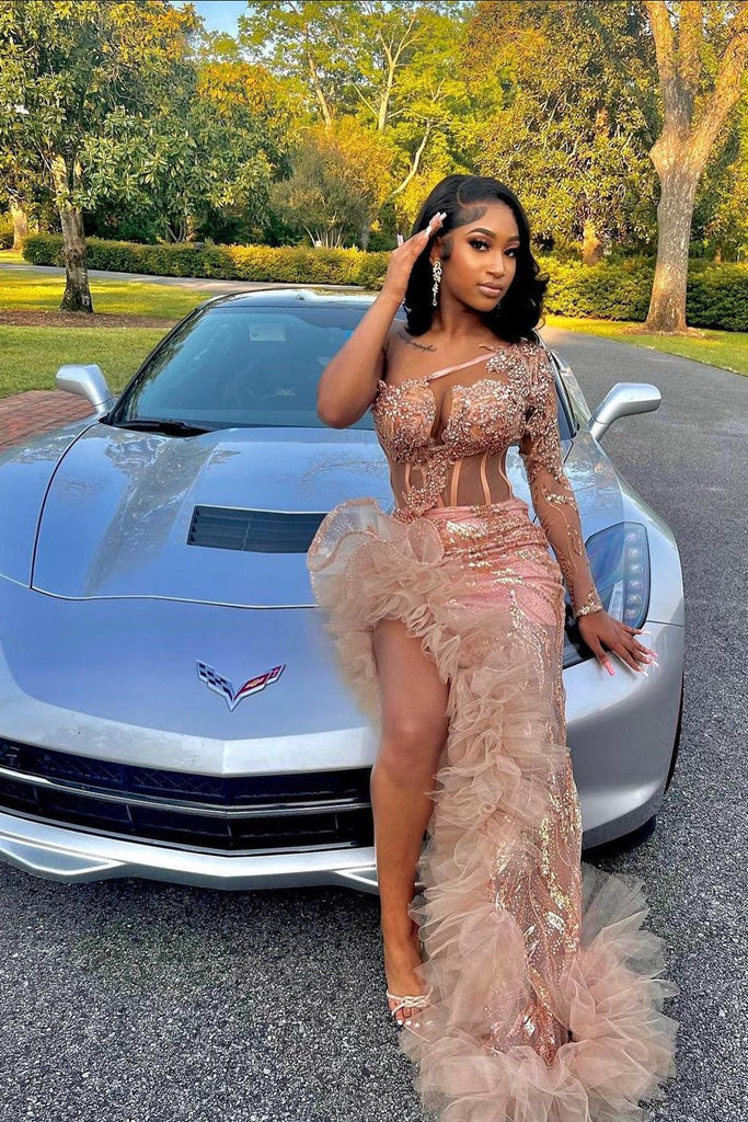 open lace back dress Glamorous Pink Mermaid One-Shoulder Long Sleeve Prom Dress with High S –  Newinlook
