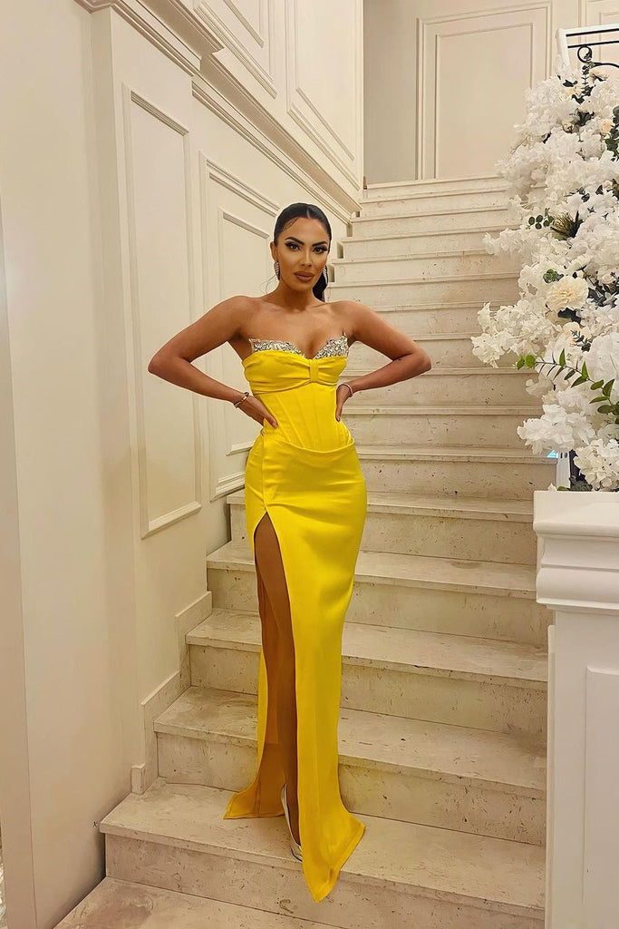 prom dresses yellow strapless Mermaid Long Lavender Lace Dress with Slit Sweep Train Neckline Elegant Yellow Strapless Ruffles Corset