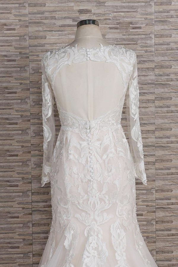 Gorgeous Longsleeves V-neck Mermaid Wedding Dresses White Lace Bridal Gowns With Appliques On Sale