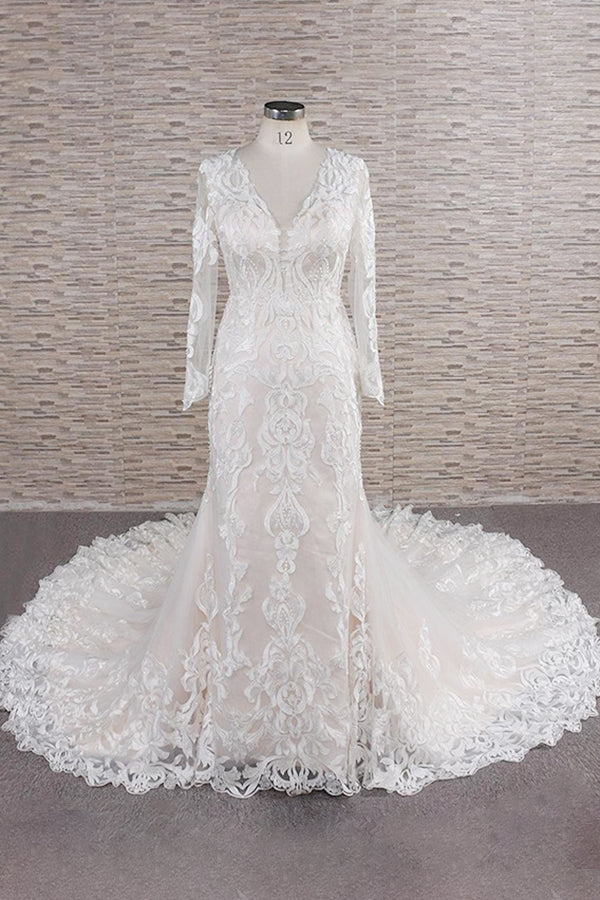 Gorgeous Longsleeves V-neck Mermaid Wedding Dresses White Lace Bridal Gowns With Appliques On Sale