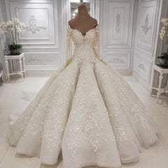 Gorgeous Longsleeves White Lace Wedding Dresses A-line Tulle Bridal Gowns With Appliques Online