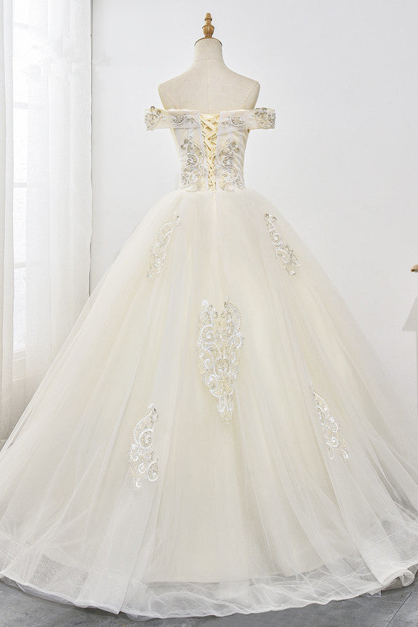 Gorgeous Off-the-Shoulder Champagne Tulle Wedding Dress Ball Gown Lace Appliques Sleeveless Bridal Gowns Online
