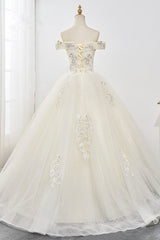 Gorgeous Off-the-Shoulder Champagne Tulle Wedding Dress Ball Gown Lace Appliques Sleeveless Bridal Gowns Online