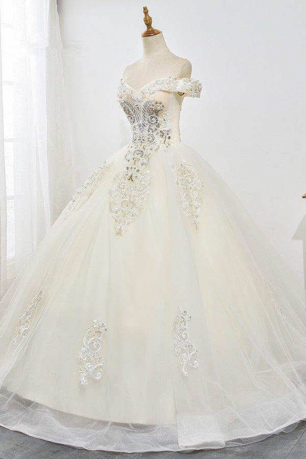 Gorgeous Off-the-Shoulder Champagne Tulle Wedding Dress Ball Gown Lace Appliques Sleeveless Bridal Gowns Online
