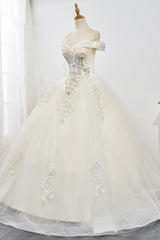 Gorgeous Off-the-Shoulder Champagne Tulle Wedding Dress Ball Gown Lace Appliques Sleeveless Bridal Gowns Online