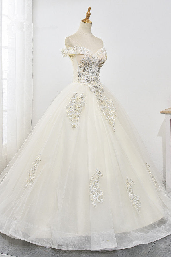 Gorgeous Off-the-Shoulder Champagne Tulle Wedding Dress Ball Gown Lace Appliques Sleeveless Bridal Gowns Online