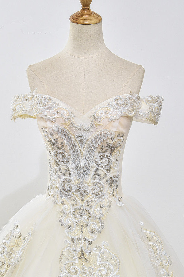 Gorgeous Off-the-Shoulder Champagne Tulle Wedding Dress Ball Gown Lace Appliques Sleeveless Bridal Gowns Online