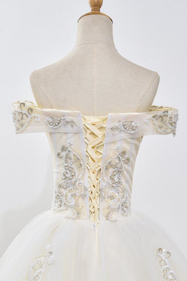 Gorgeous Off-the-Shoulder Champagne Tulle Wedding Dress Ball Gown Lace Appliques Sleeveless Bridal Gowns Online