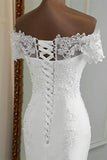 Gorgeous Off-the-Shoulder Lace Mermaid Wedding Dresses Short Sleeves Rhinestons Bridal Gowns