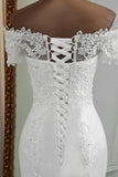 Gorgeous Off-the-Shoulder Lace Mermaid Wedding Dresses Short Sleeves Rhinestons Bridal Gowns