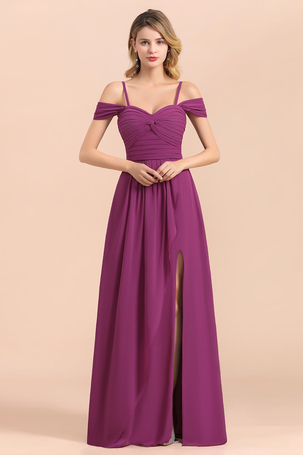 Gorgeous Off-the-Shoulder Ruffle Orchid Bridesmaid Dress Online with Slit