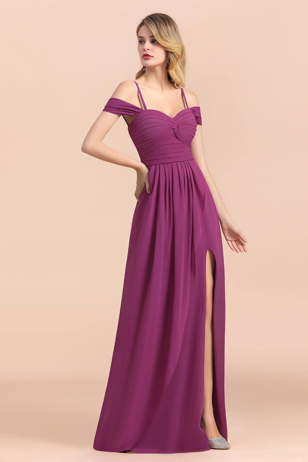 Gorgeous Off-the-Shoulder Ruffle Orchid Bridesmaid Dress Online with Slit