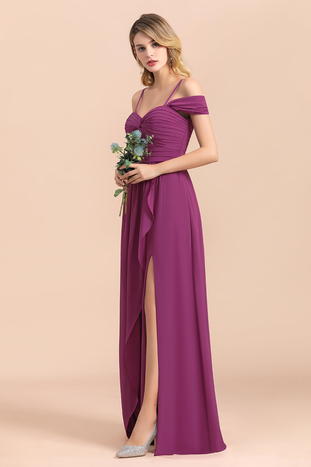 Gorgeous Off-the-Shoulder Ruffle Orchid Bridesmaid Dress Online with Slit