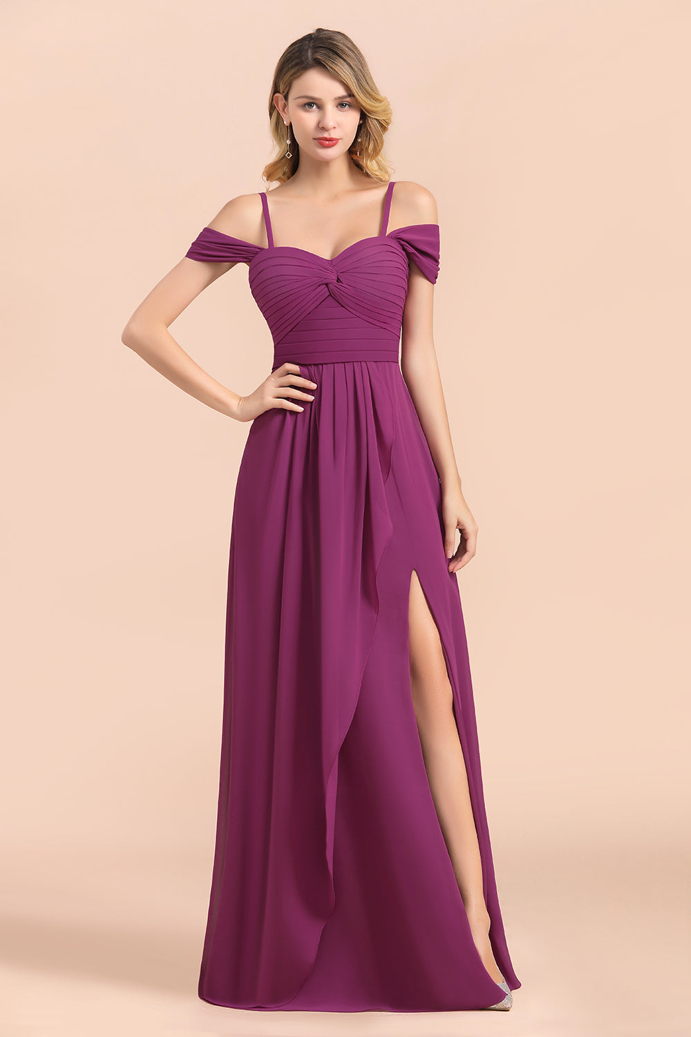 Gorgeous Off-the-Shoulder Ruffle Orchid Bridesmaid Dress Online with Slit