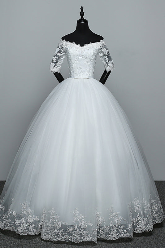 Gorgeous Off-the-Shoulder Sweetheart Wedding Dress Tulle Lace White Bridal Gowns with Half Sleeves