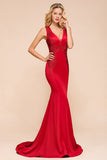 Gorgeous Red Mermaid V-Neck Prom Dress Long With Lace Appliques Online