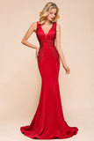 Gorgeous Red Mermaid V-Neck Prom Dress Long With Lace Appliques Online