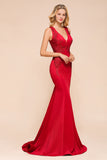 Gorgeous Red Mermaid V-Neck Prom Dress Long With Lace Appliques Online